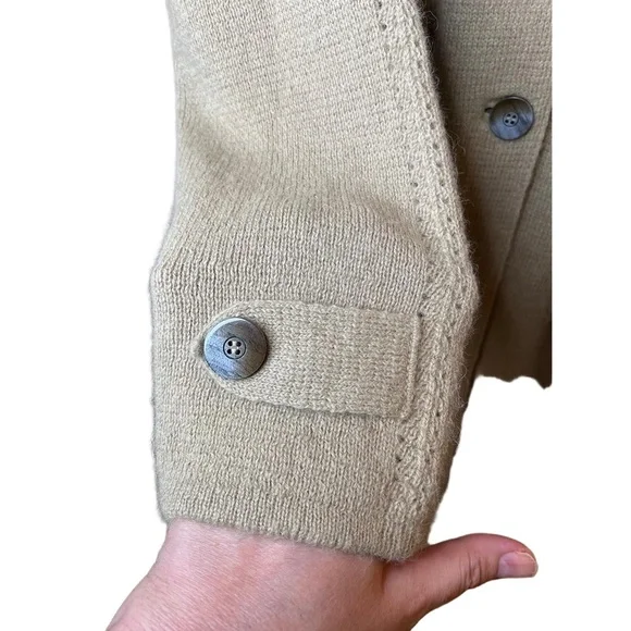 Talbots Vintage Size L Beige 100% Alpaca Knit Long Cardigan Collared Duster